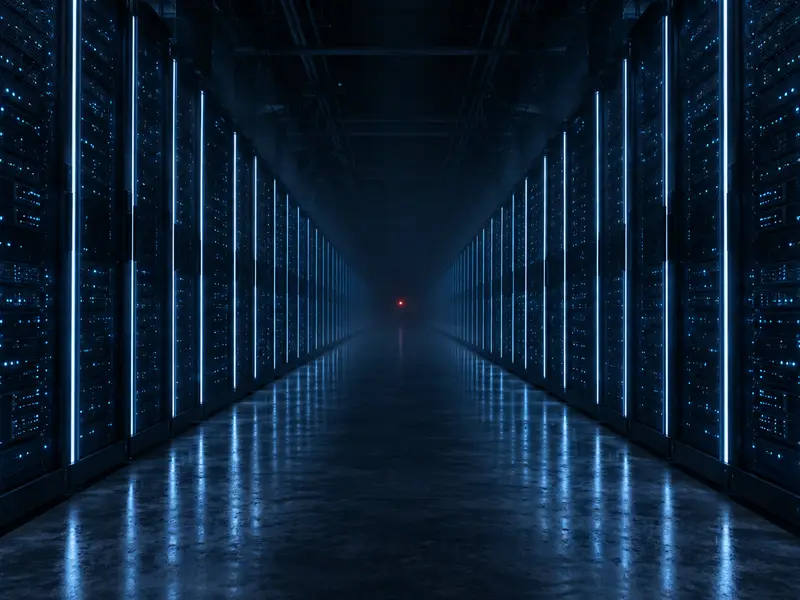 Ilustração: corredor de data center com racks iluminados e um alerta vermelho ao fundo