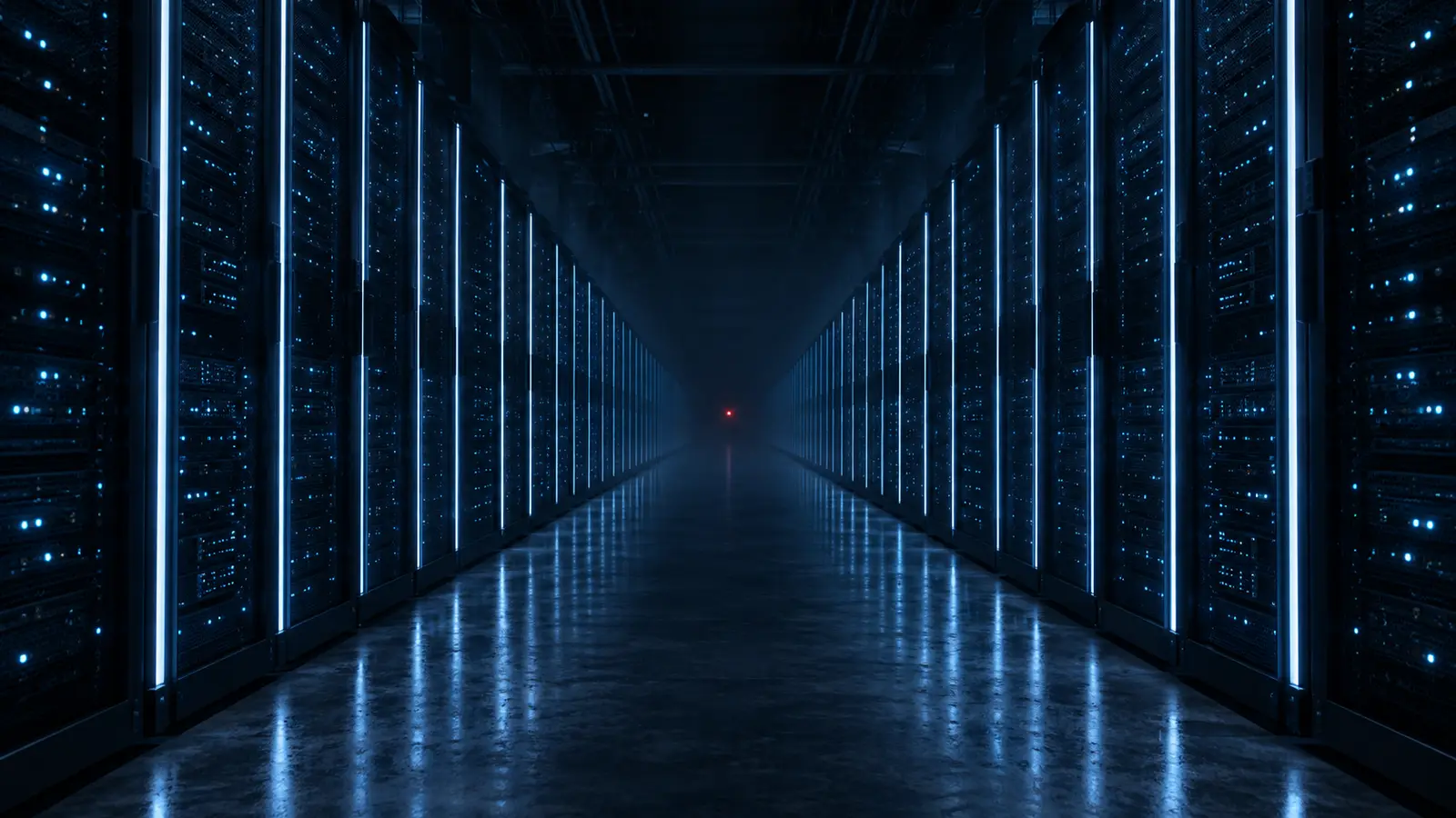 Ilustração: corredor de data center com racks iluminados e um alerta vermelho ao fundo