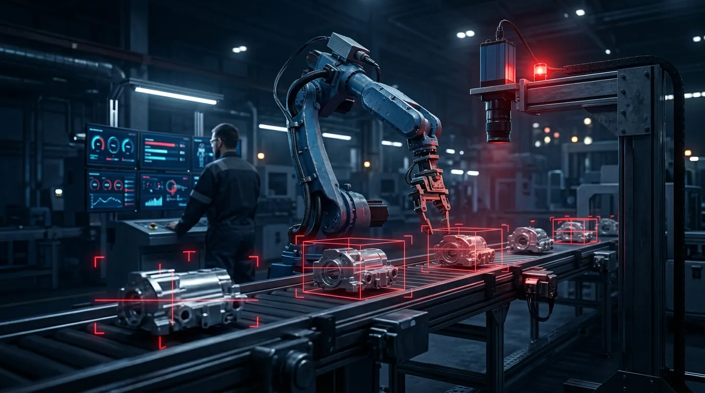 Linha de produção com câmeras industriais, detecção de defeitos por IA e dashboards de qualidade em tempo real.